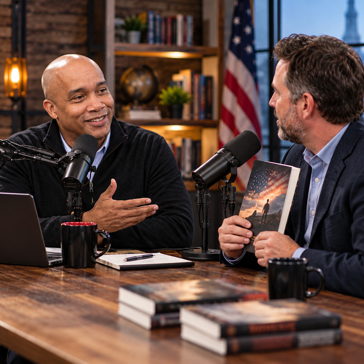 An author holding his book talks with a host across a studio table with microphones.